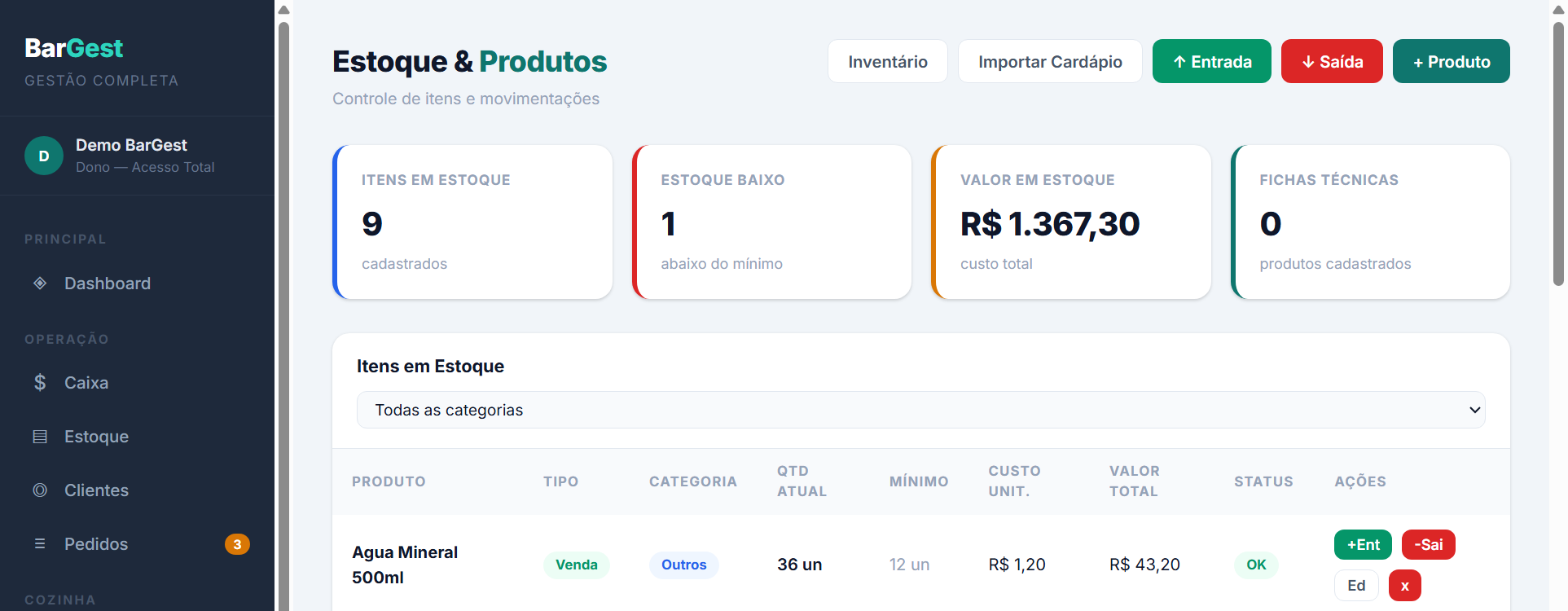 Tela de Estoque e Produtos do BarGest, com itens cadastrados, valor em estoque e alertas de estoque baixo